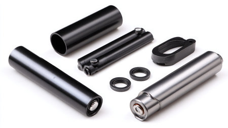 Disassembled battery casing laid out in parts on white background for educational useの素材