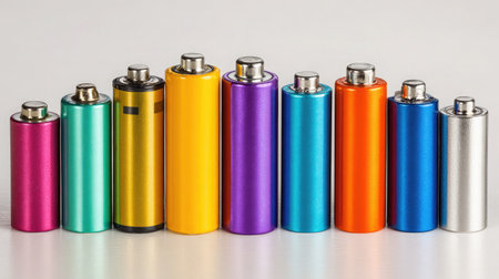 Multiple battery sizes lined up in a row for visual comparison on a white backgroundの素材