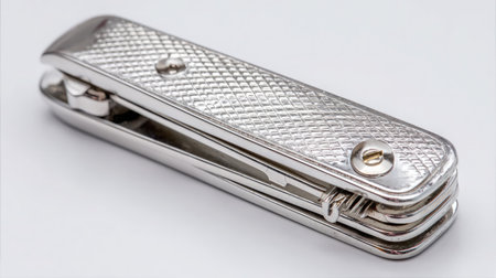 Folded nail clipper with textured grip resting diagonally on white backgroundの素材