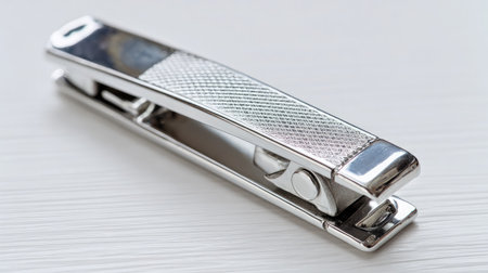 Nail clipper with file extended, set on a white backdrop with soft directional lightの素材