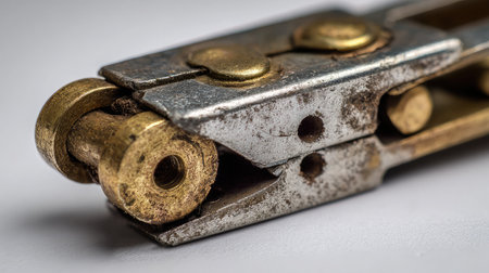 Macro shot of nail clipper hinge and blade showing craftsmanship and detail on whiteの素材