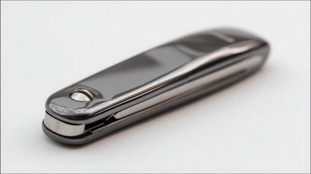 Slim design nail clipper closed and centered on white background with clean linesの素材