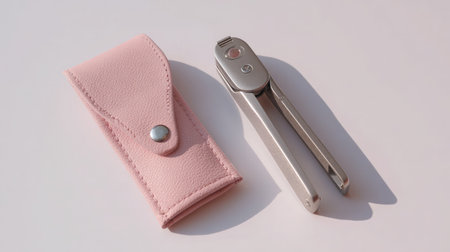 Portable nail clipper next to a minimalist storage pouch on white backgroundの素材