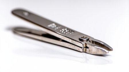 Stainless steel nail clipper photographed at -degree angle on a white backgroundの素材