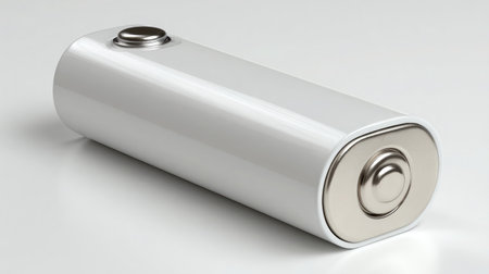 New lithium-ion battery positioned in a clean minimalistic setup over white surfaceの素材