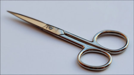 Side profile of precision mustache scissors resting on smooth white surfaceの素材