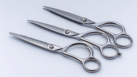 Straight mustache scissors with reflective finish set gently on whiteの素材