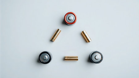 Three round batteries forming a triangle arrangement on white surfaceの素材