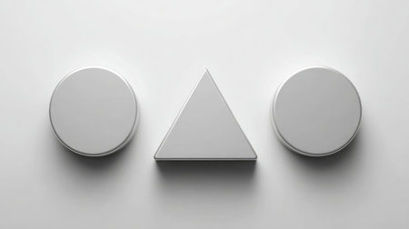 Three round batteries forming a triangle arrangement on white surfaceの素材