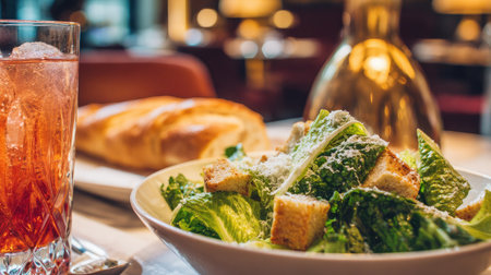 Caesar salad garnished with parmesan beside soda glass and crusty bread in upscale hotel settingの素材