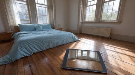 Augmented reality tablet screen visualizing virtual bedroom set in empty flatの素材