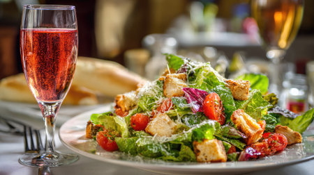 Caesar salad garnished with parmesan beside soda glass and crusty bread in upscale hotel settingの素材