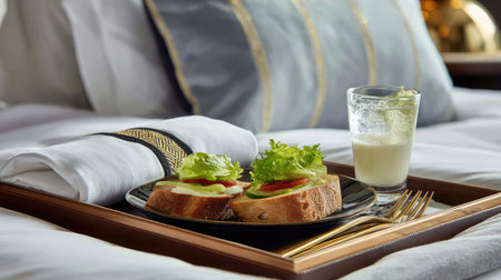 Close-up of city hotel tray with plated Caesar salad and chilled drink in luxurious suiteの素材