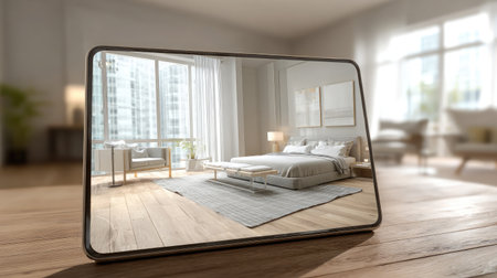 Augmented reality tablet screen visualizing virtual bedroom set in empty flatの素材