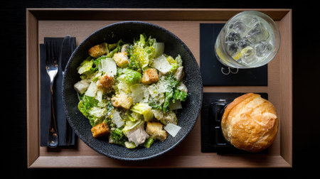 Caesar salad on hotel tray with fizzy soda and bread roll, arranged with aesthetic symmetryの素材