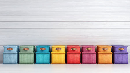 Colorful cube-shaped storage boxes lined up evenly on white surface in minimalist styleの素材