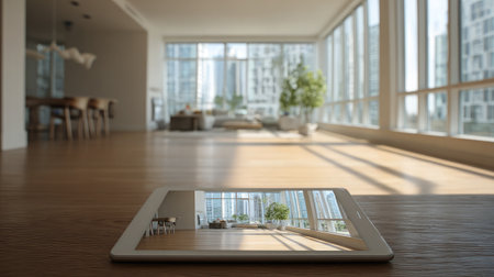 Augmented reality tablet showing fully furnished interior over empty modern spaceの素材