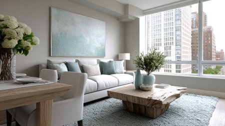 Digital staging on tablet screen overlays couch, table, and decor into vacant apartmentの素材