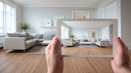 Digital room planner app on tablet visualizing home decor in empty rental unitの素材