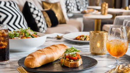Delicious hotel room service displayed on chic table, featuring soda, salad, and baguetteの素材