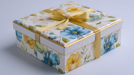Decorative storage box with floral pattern and ribbon closed, isolated on white backgroundの素材