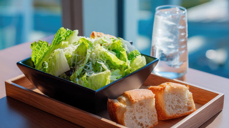 Elevated Caesar salad presentation with cold soda and soft baguette on tray in luxury suiteの素材