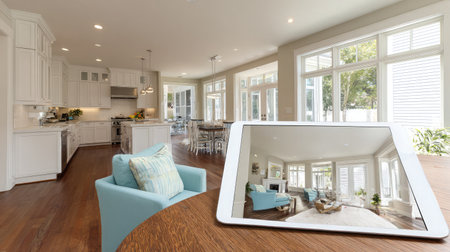 Empty room with tablet on table displaying AR living space design overlayの素材