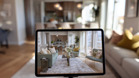 Digital interior layout projected on screen of tablet positioned in vacant homeの素材