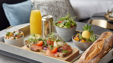 Delicious hotel room service displayed on chic table, featuring soda, salad, and baguetteの素材