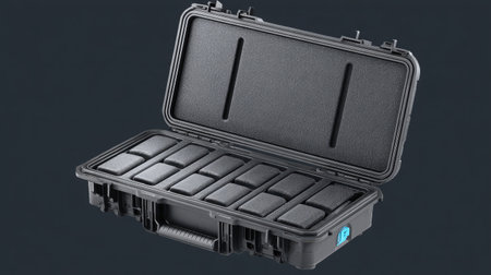 Flat image of a storage box used for electronics with multiple padded compartmentsの素材