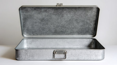 Flat lay of an empty metal storage box with a textured finish against a white surfaceの素材