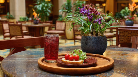 Elegant hotel decor surrounding tray meal with crisp greens and fizzy beverageの素材