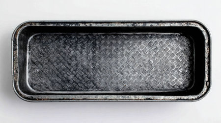 Flat lay of an empty metal storage box with a textured finish against a white surfaceの素材