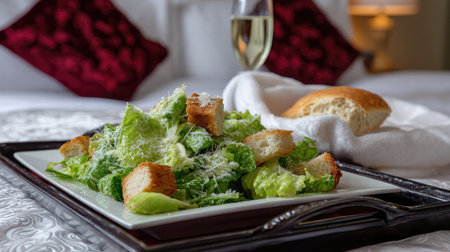 Elevated Caesar salad presentation with cold soda and soft baguette on tray in luxury suiteの素材
