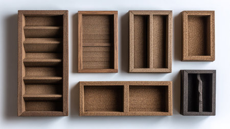Flat lay of drawer organizer boxes with various slots and dividers on a clean white surfaceの素材