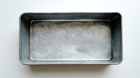 Flat lay of an empty metal storage box with a textured finish against a white surfaceの素材