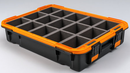 Flat image of a storage box used for electronics with multiple padded compartmentsの素材