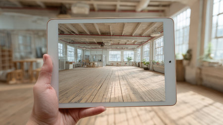 Digital visualization on tablet displays stylish decor in empty loft-style roomの素材