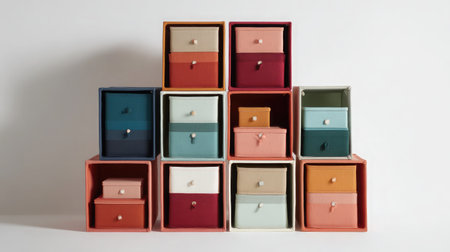 Foldable cube storage bins in modern tones placed together in a symmetrical pattern on whiteの素材