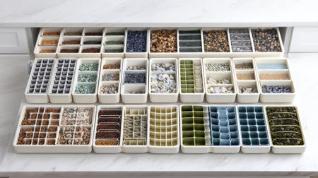 Flat lay of drawer organizer boxes with various slots and dividers on a clean white surfaceの素材