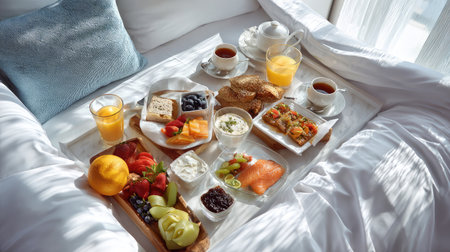 High-angle shot of gourmet hotel meal in bright modern suite with marble surfaceの素材