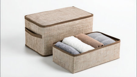 High-quality zippered storage bag box with structured sides placed neatly on whiteの素材