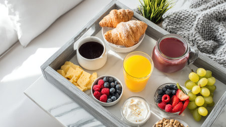 High-angle shot of gourmet hotel meal in bright modern suite with marble surfaceの素材