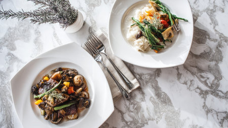 High-angle shot of gourmet hotel meal in bright modern suite with marble surfaceの素材