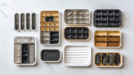 Flat lay of drawer organizer boxes with various slots and dividers on a clean white surfaceの素材
