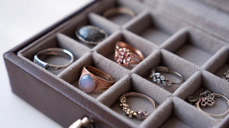 Jewelry storage case with open compartments for rings and necklaces, laid on whiteの素材