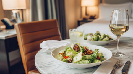 Luxurious hotel room interior featuring room service meal on white marble table with Caesar salad and drinkの素材