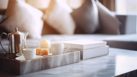 Marble table with room service food in modern suite, minimal and cozy interior designの素材