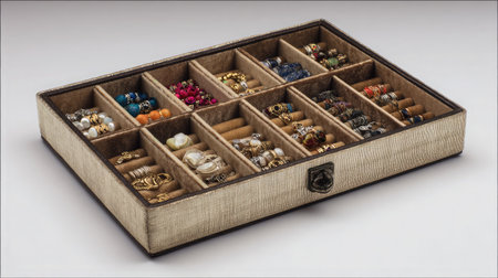 Jewelry storage case with open compartments for rings and necklaces, laid on whiteの素材