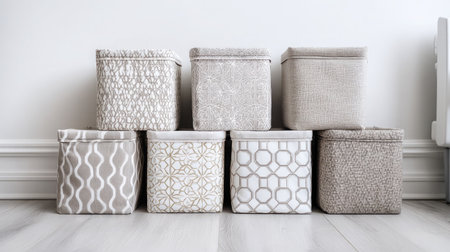 Foldable cube storage bins in modern tones placed together in a symmetrical pattern on whiteの素材